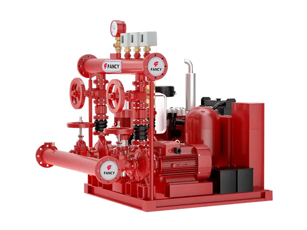 FANCY fire-fighting set in red: an electric pump and a diesel engine, with valves, a header, a pressure gauge and pressure switches, on one base frame