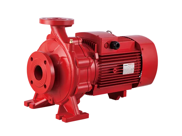 FANCY FST end-suction fire pump in red with its electric motor, the suction flange at the front and the discharge flange on top