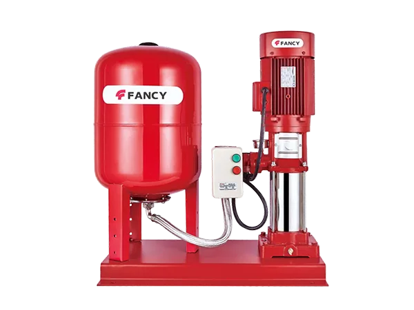 FANCY FVK jockey pump with its tank: a vertical pump, a red tank on legs and a small box with green and red push-buttons, on one red base